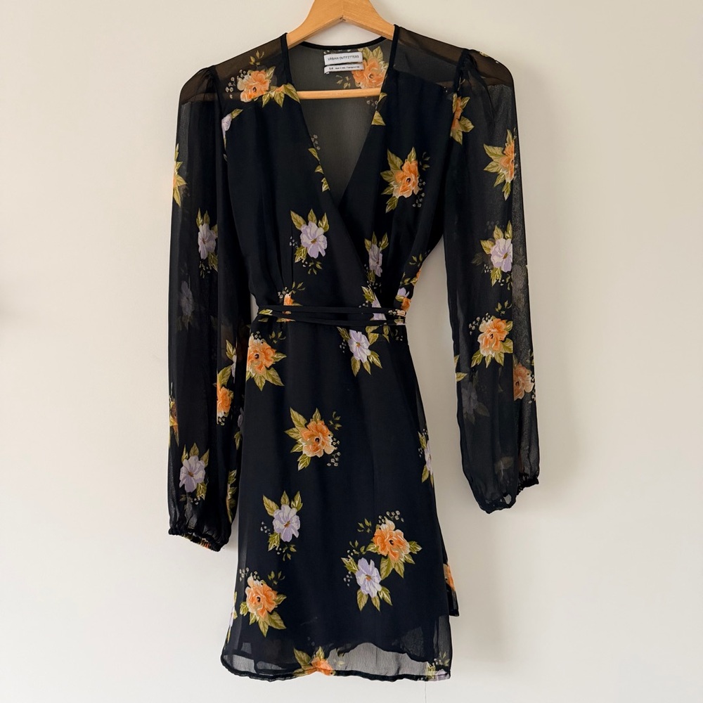 Urban Outfitters Black Floral Long Sleeve Wrap Dress
